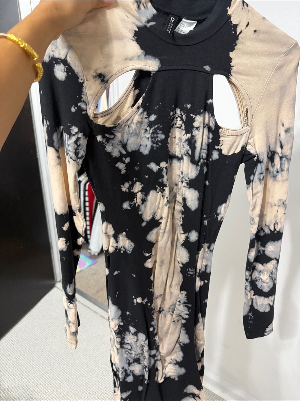 H&M Black and Beige Tie-Dye Cutout Long Sleeve Dress